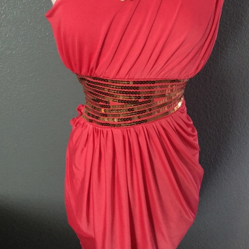 Vintage Bebe Goddess Dress RARE - Coral + Gold Sequin, Small, 2B Bebe - Picture 4 of 11